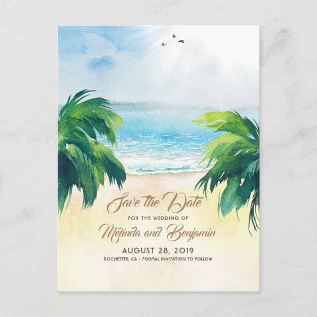 Tropical Palms Beach Romantic Save the Date Postcard (Front)