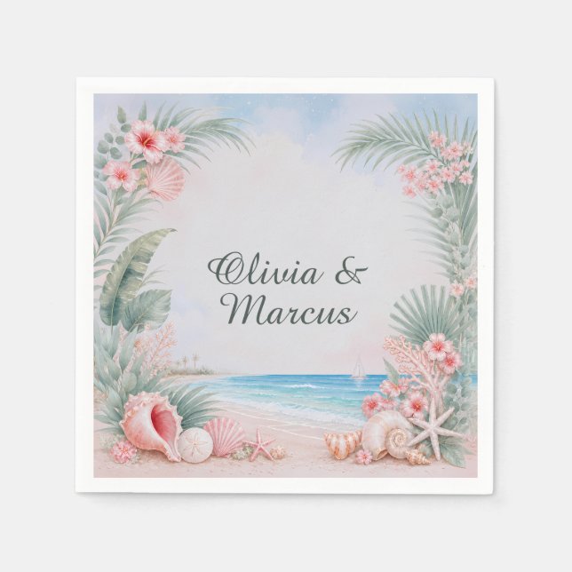 Tropical Palms Beach Seashell Wedding  Napkin (Front)
