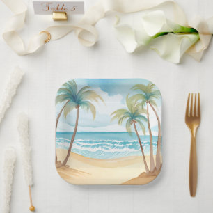 Tropical Palms   Beach Watercolor Wedding Paper Plate