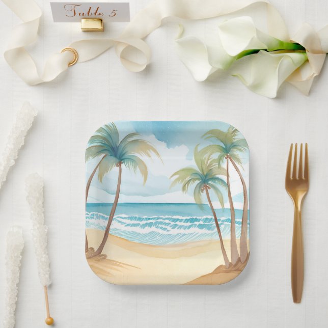 Tropical Palms | Beach Watercolor Wedding Paper Plate (Wedding)