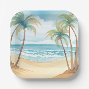 Tropical Palms   Beach Watercolor Wedding Paper Plate