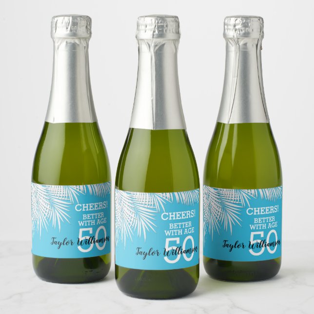 Tropical Palms Birthday Blue Mini Sparkling Wine Label (Bottles)