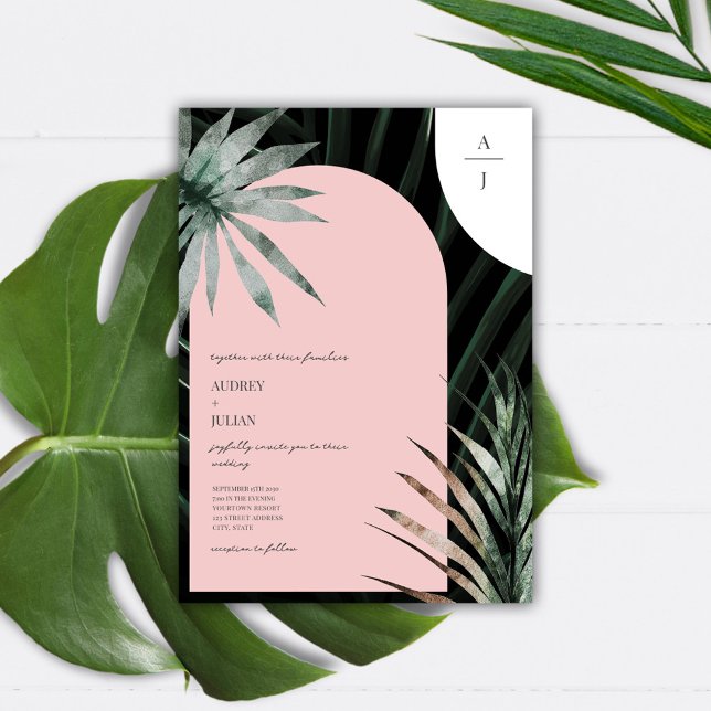 Tropical Palms Blush Pink Arch Monogram Wedding Invitation (Creator Uploaded)