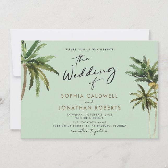 Tropical Palms Calligraphy Destination Wedding Inv Invitation (Front)