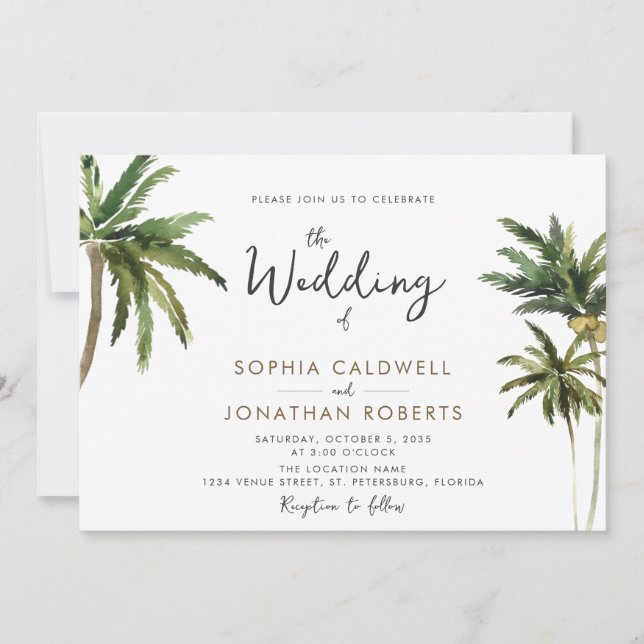 Tropical Palms Calligraphy Destination Wedding Invitation (Front)