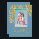 Tropical Palms Christmas Photo Holiday Card<br><div class="desc">Glamourous faux gold glitter palm fronds highlight your favourite photo on these holiday blue background Christmas photo cards. "It's A Wonderful Life", or any greeting you choose, and your names on the bottom in chic lettering. Select Matte for heaviest paper and high definition for best quality. ***HORIZONTAL template done in...</div>
