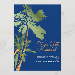 Tropical Palms Dark Blue Just Married Reception Invitation
