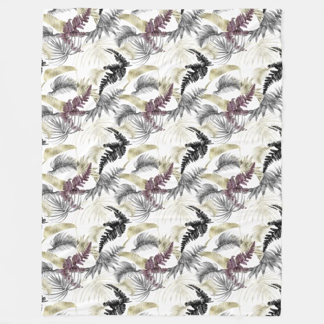 Tropical Palms, Fern in Wine And Black  Fleece Blanket (Front)