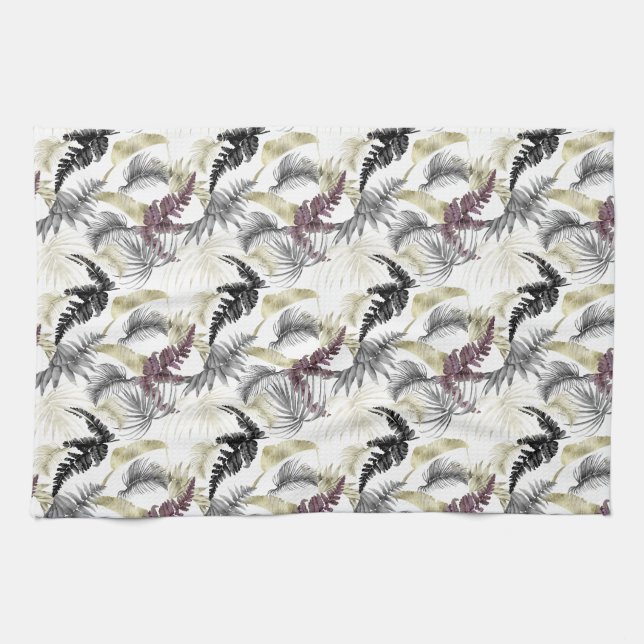 Tropical Palms, Fern in Wine And Black Tea Towel (Horizontal)