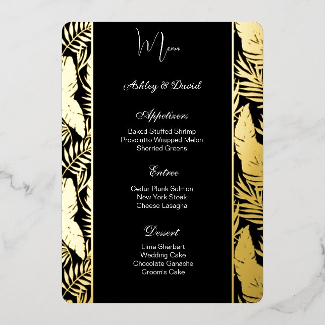 Tropical Palms Foil Wedding Menu Card (Front)