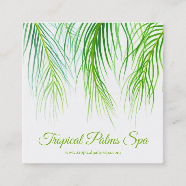 Tropical palms foliage watercolor art square business card (Front)