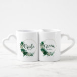 Tropical Palms Gold Circle Wreath Bride and Groom Coffee Mug Set<br><div class="desc">Tropical Foliage Trendy Greenery and Gold Wreath Circle Personalised Bride & Groom Nesting His and Her Coffee Mugs - with tropical leaf wreaths. A fun newlywed gift idea keepsake. in a bold colour palette of rich greens, emerald, and gold. This design is perfect for a beach, destination, or summer wedding....</div>