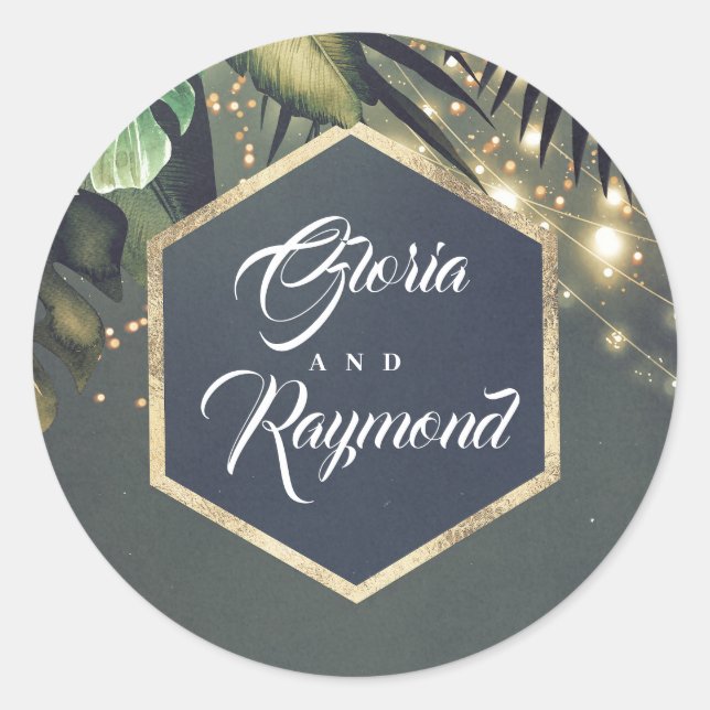 Tropical Palms Golden Beach Wedding Classic Round Sticker (Front)