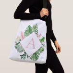 Tropical Palms Monogram Blush Pink Wedding Crossbody Bag<br><div class="desc">Destination Location - Tropical Palms Beach Botanical Blush Pink and Green Watercolor Spring Wedding Monogram Tote Bags on canvas background - includes beautiful and elegant script typography with modern botanical leaves and greenery for the special Gift for a Wedding, Bridal Shower (Bride or Bridesmaid), Baby Shower, Bachelorette Party, Sweet 16,...</div>
