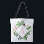 Tropical Palms Monogram Blush Pink Wedding Tote Bag<br><div class="desc">Destination Location - Tropical Palms Beach Botanical Blush Pink and Green Watercolor Spring Wedding Monogram Tote Bags on canvas background - includes beautiful and elegant script typography with modern botanical leaves and greenery for the special Gift for a Wedding, Bridal Shower (Bride or Bridesmaid), Baby Shower, Bachelorette Party, Sweet 16,...</div>