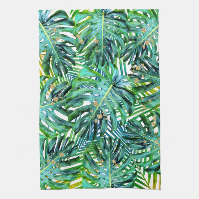 Tropical Palms Monstera Leaves Gold Glitter Tea Towel (Vertical)
