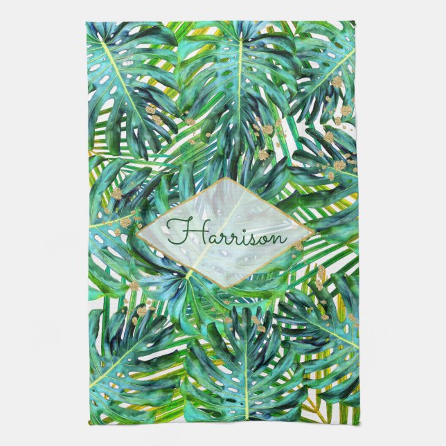 Tropical Palms Monstera Leaves Gold Glitter Tea Towel (Vertical)