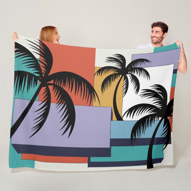 Tropical Palms on Geometric Sunset Background Fleece Blanket (In Situ)