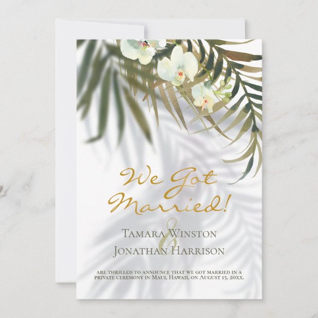 Tropical Palms, Orchid, Shadows Beach Just Married Invitation (Front)