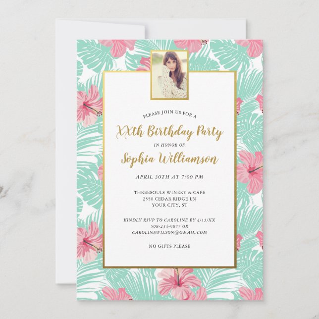 Tropical Palms Pink Floral Birthday Party Photo Invitation (Front)