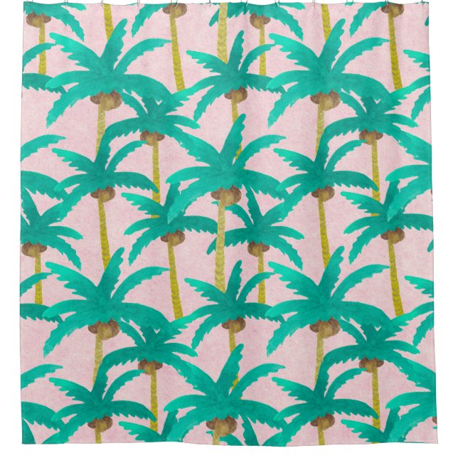 Tropical Palms: Watercolor Summer Pattern Shower Curtain (Front)