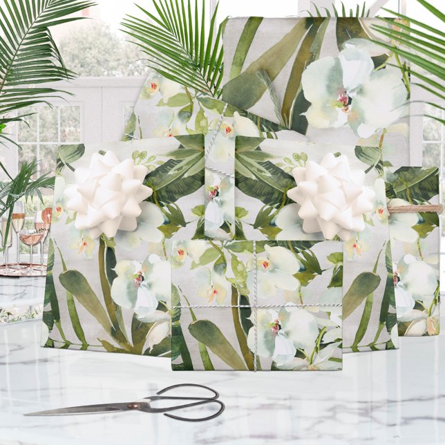 Tropical Palms White Orchid Garden Floral Wrapping Paper Sheet (Creator Uploaded)