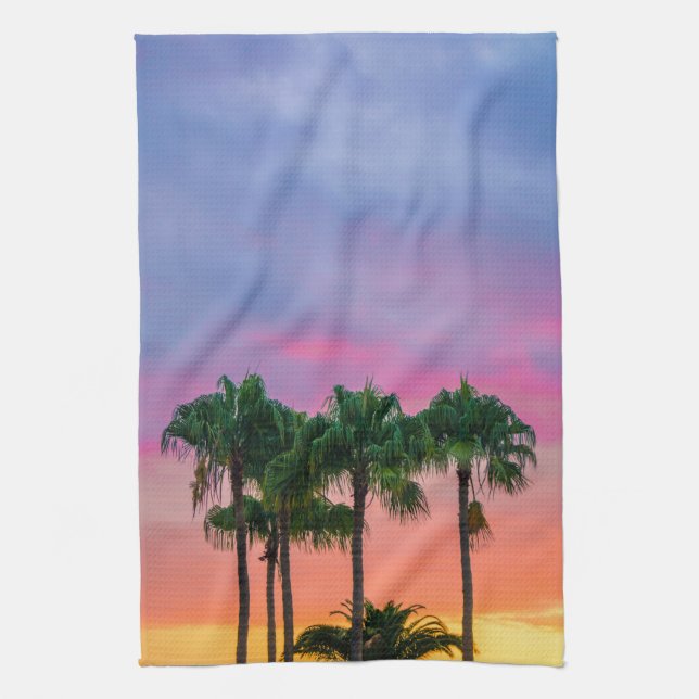 Tropical Palms with a Rainbow Sky Tea Towel (Vertical)