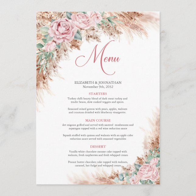 Tropical pampas grass and blush and greenery  menu (Front)