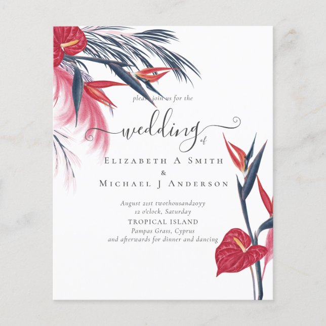 Tropical Pampas Grass Navy Berry Wedding Flyer (Front)