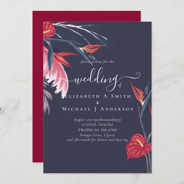 Tropical Pampas Grass Navy Berry Wedding Invitation (Front/Back)