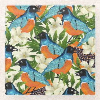 Tropical papaya and bird pattern. glass coaster