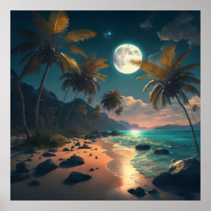  tropical paradise at night, with palm trees poster