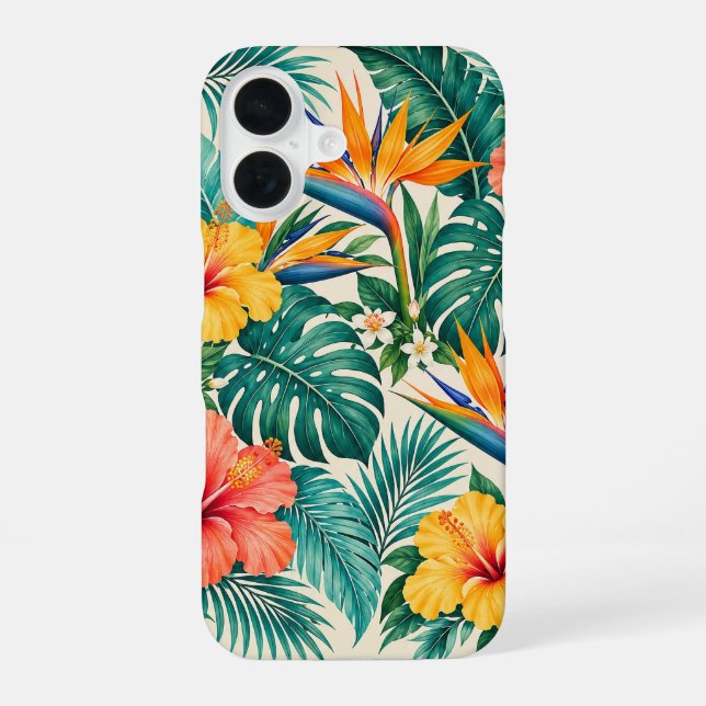 Tropical Paradise Botanical Floral Pattern iPhone 16 Case (Back)