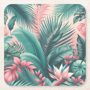 Tropical Paradise Botanical Pattern Square Paper Coaster