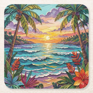 Tropical Paradise Coastal Beach Scene Impasto Square Paper Coaster