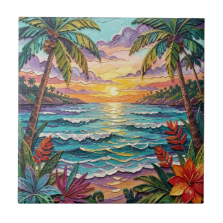 Tropical Paradise | Coastal Beach Scene Impasto Tile