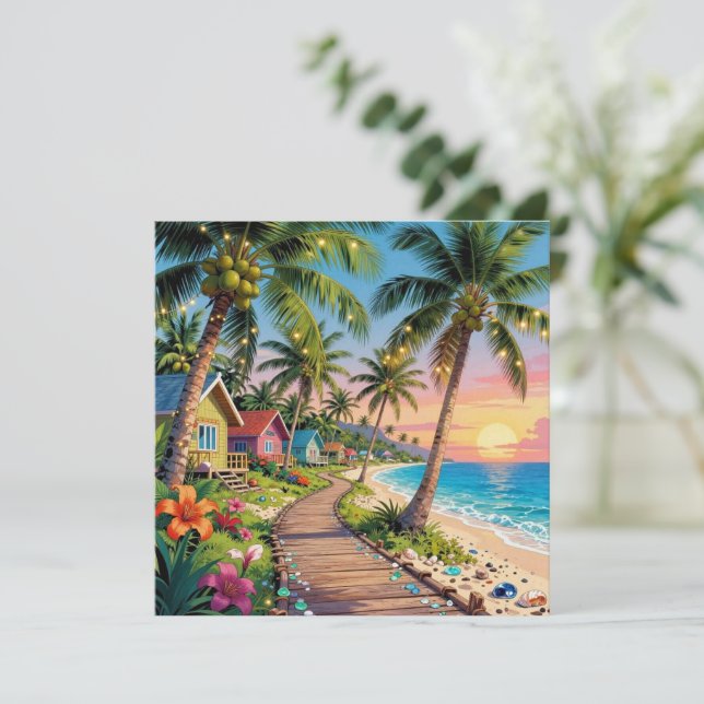 Tropical  Paradise Coastal Seaside Cottage Blank Card (Standing Front)