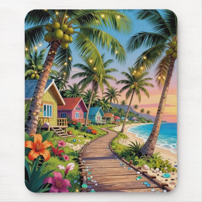 Tropical Paradise Coastal Seaside Cottage Ocean  Mouse Pad (Front)