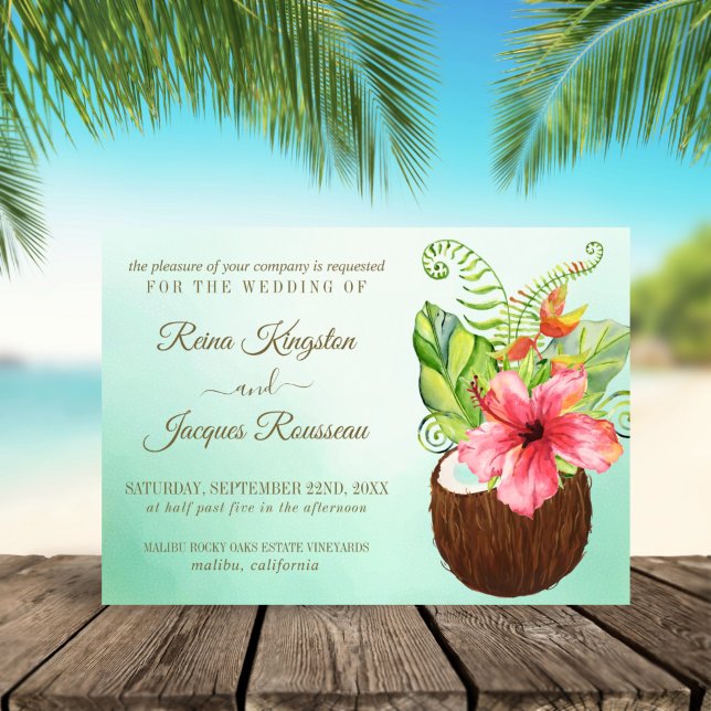 Tropical Paradise Coconut Floral Bouquet Wedding Invitation (Creator Uploaded)