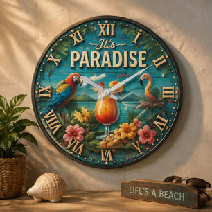 Tropical Paradise Colorful Macaw Cocktail Beach Large Clock