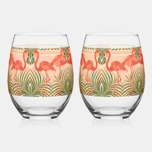 Tropical Paradise Flamingo Art Deco Stemless Wine Glass