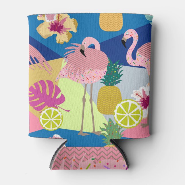 Tropical Paradise: Flamingos Pineapples Dark Can Cooler (Front)