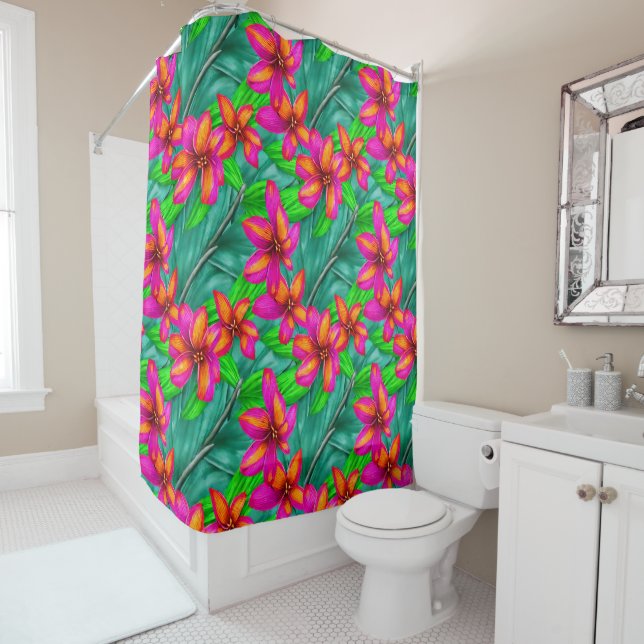 Tropical Paradise Floral Pattern Shower Curtain (In Situ)