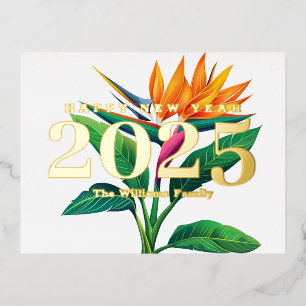 Tropical Paradise Flower Happy New Year 2027 Gold Foil Holiday Postcard
