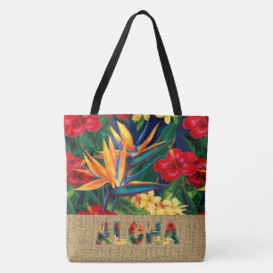 Tropical Paradise Hawaiian Floral Faux Appliqué Tote Bag