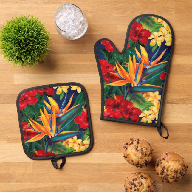 Tropical Paradise Hawaiian Floral Oven Mitt & Pot Holder Set (Top Down)