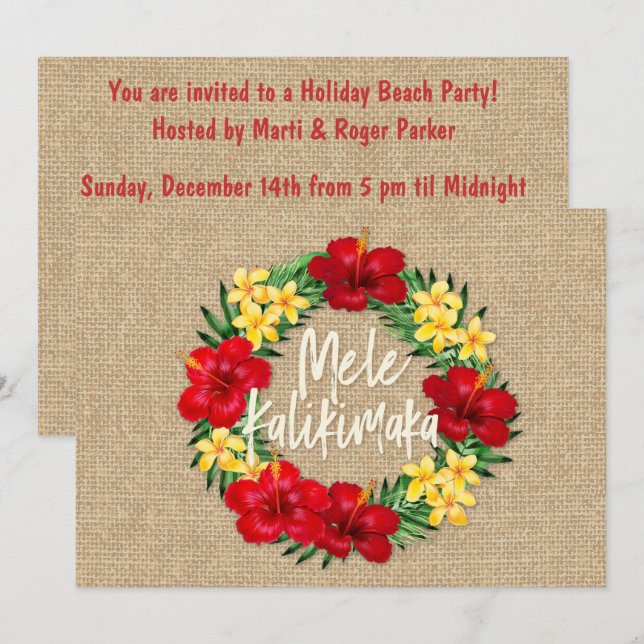 Tropical Paradise Hawaiian Holiday Wreath Burlap Invitation (Front/Back)