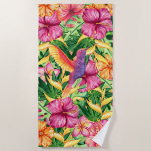 Tropical paradise Hawaiian island sugarbird flower Beach Towel