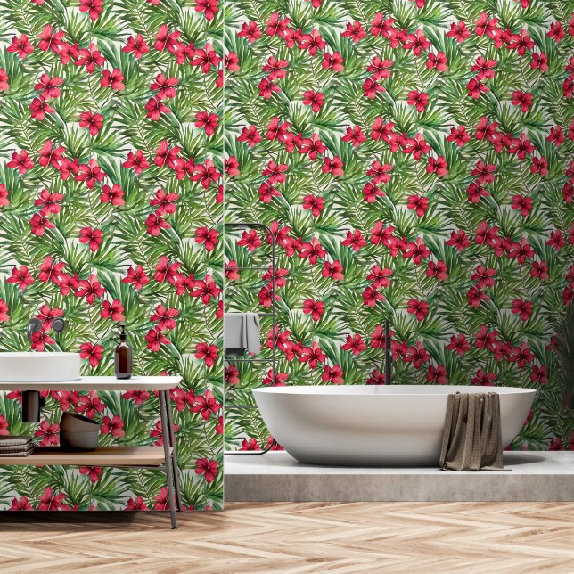 Tropical paradise hibiscus flower coastal beach  wallpaper (Bathroom)