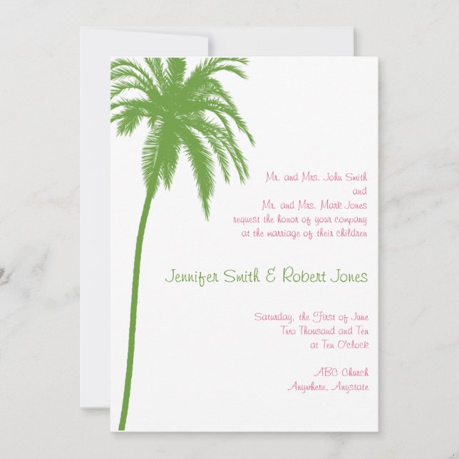 Tropical Paradise in Green Pink Wedding Invitation (Front)